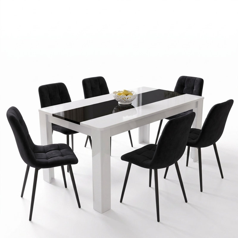 White and Black Dining Table Set with 6 Black Velvet Chairs 6 Seater Kitchen and Dining Room Set