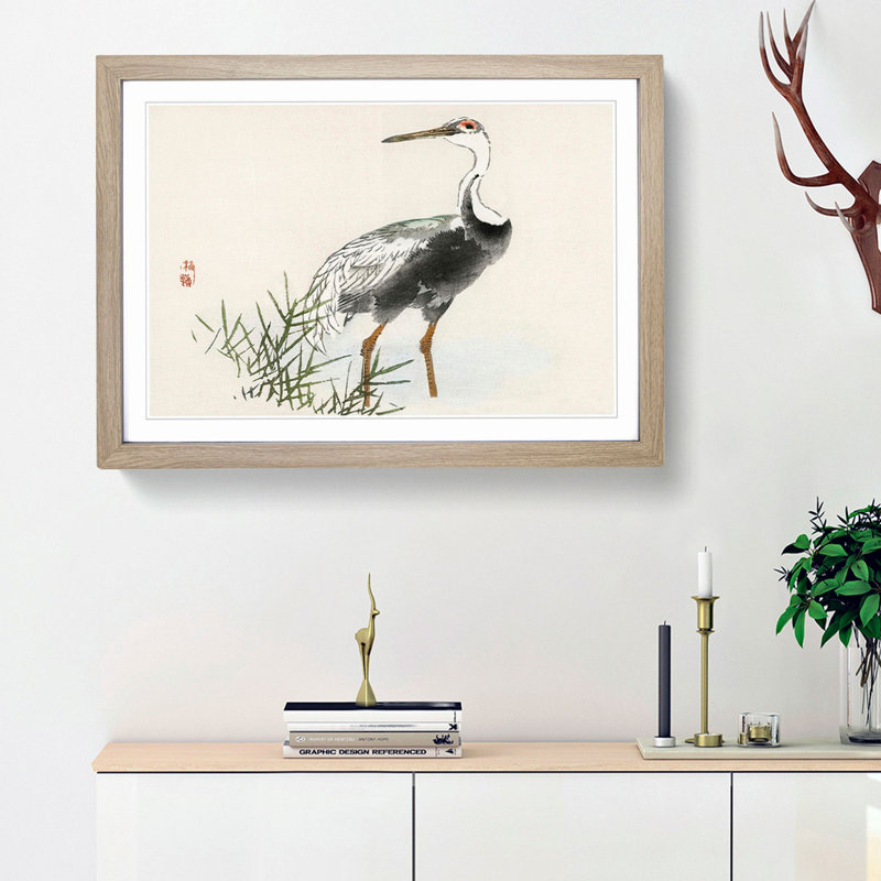 A Crane by Kono Bairei - Framed Print, 62cm H x 87cm W x 2cm D, Oak Framed