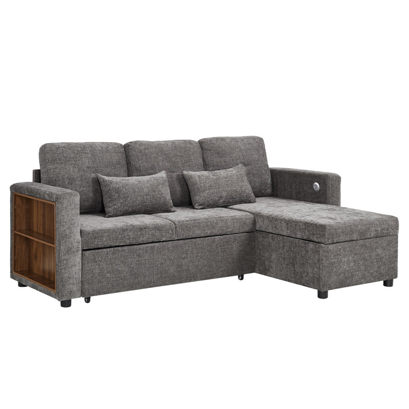 Convertible Sofa Bed With Reversible Storage Chaise And Usb, Grey