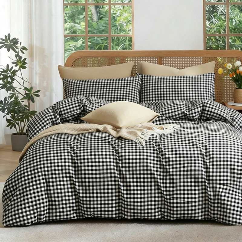 LIFETOWN Gingham Duvet Cover Set 100% Washed Cotton Material Plaid Checkered Comforter Cover 3 Pieces Set, Black/White