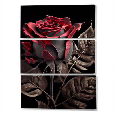 «Blossoming Rose» en rouge et gris III sur toile, 3 pièces
