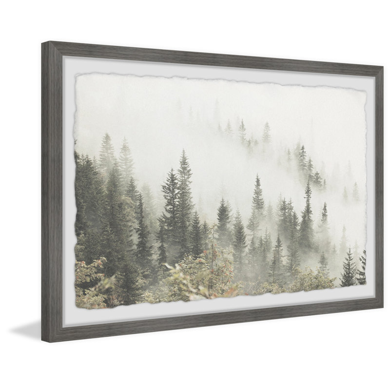 Pins et brouillard - Peinture sur toile, L 30 po x H 20 po x P 1,5 po, Cadre en papier gris avec coin fermé, Blanc