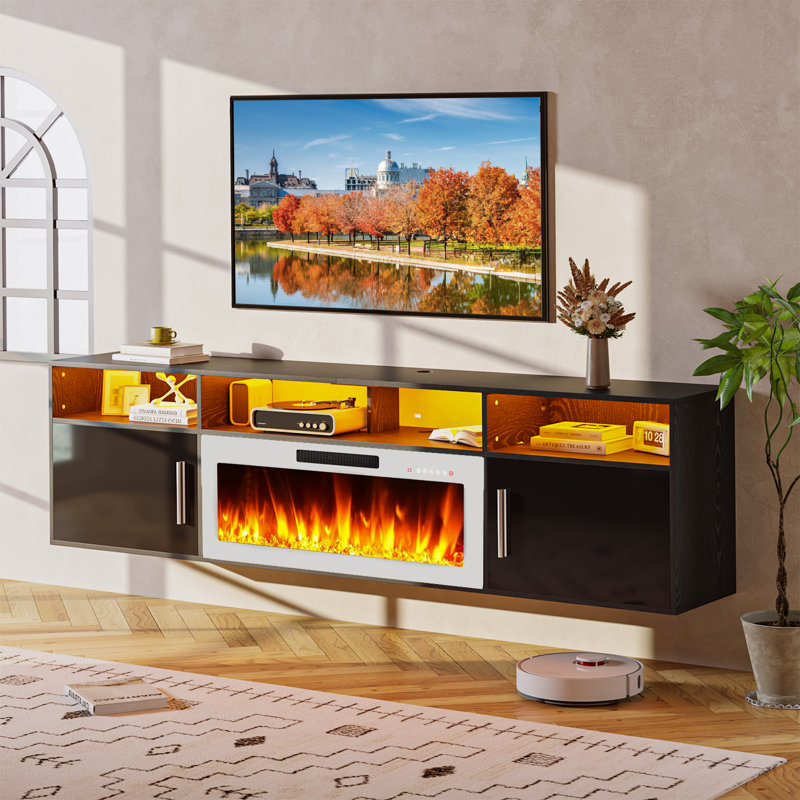 Floating 80" TV Stand with 36" Electric Fireplace, Black/White