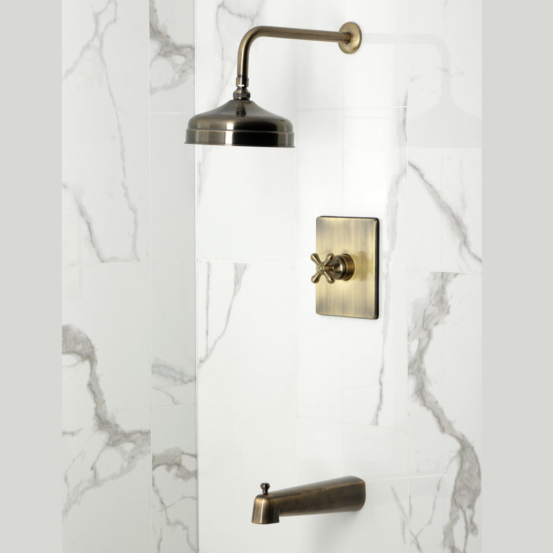 Kingston Brass Single-Handle Pressure Balanced Tub And Shower Faucet, Cross Handle, Antique Brass