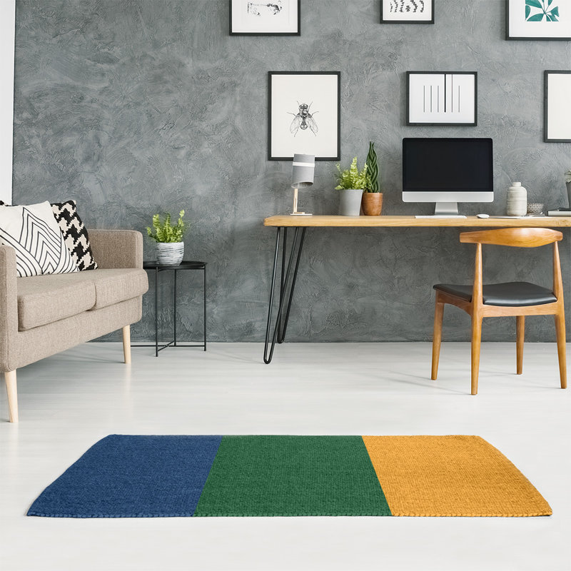 Tapis à rayures bleu marine/vert/doré, Rectangle 7 pi x 5 pi