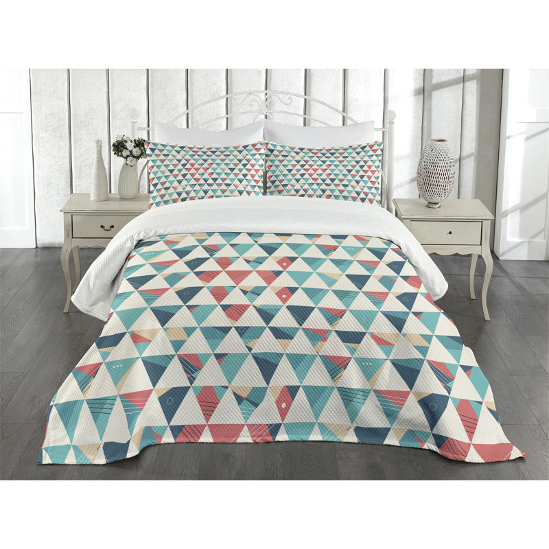 Ambesonne Geometric Bedspread Triangle Hexagons Turquoise Teal Coral, King Coverlet/Bedspread + 2 Pillow Shams