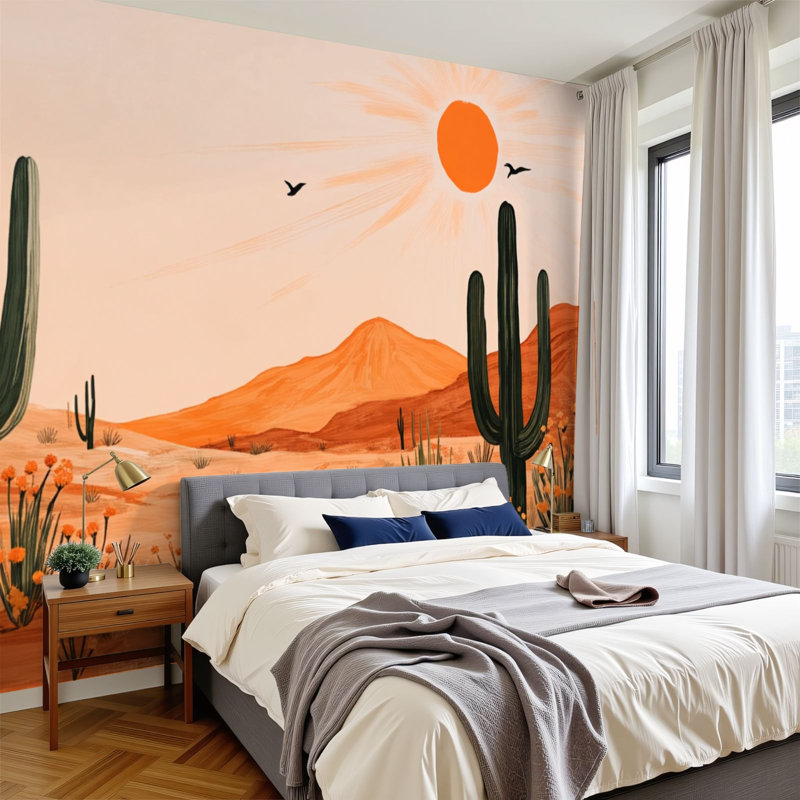 Papier peint auto-adhésif Cactus Desert Boho Succulent Sunset Landscape Sun Mountains, L 144 po x l 100 po