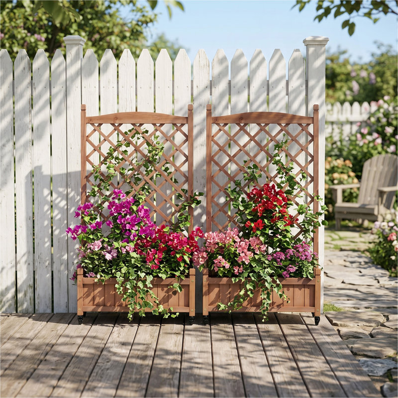 Lit de jardin surélevé avec treillis, ensemble de 2 jardinières en bois et support à plantes avec supports d'escalade