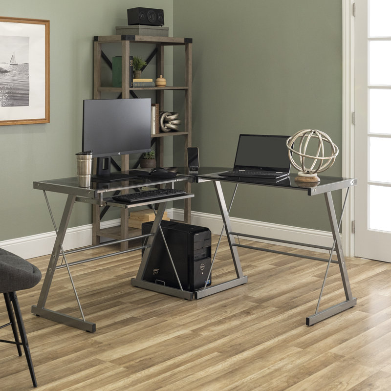L-Shaped Glass Top Metal Base Computer Desk, Smoke/Silver
