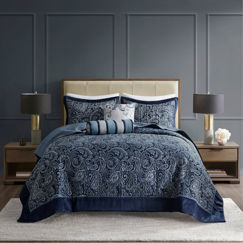 Ensemble de couvre-lit 5 pièces Queen en jacquard bleu marine, Couvre-lit grand + 4 pièces supplémentaires, Marine