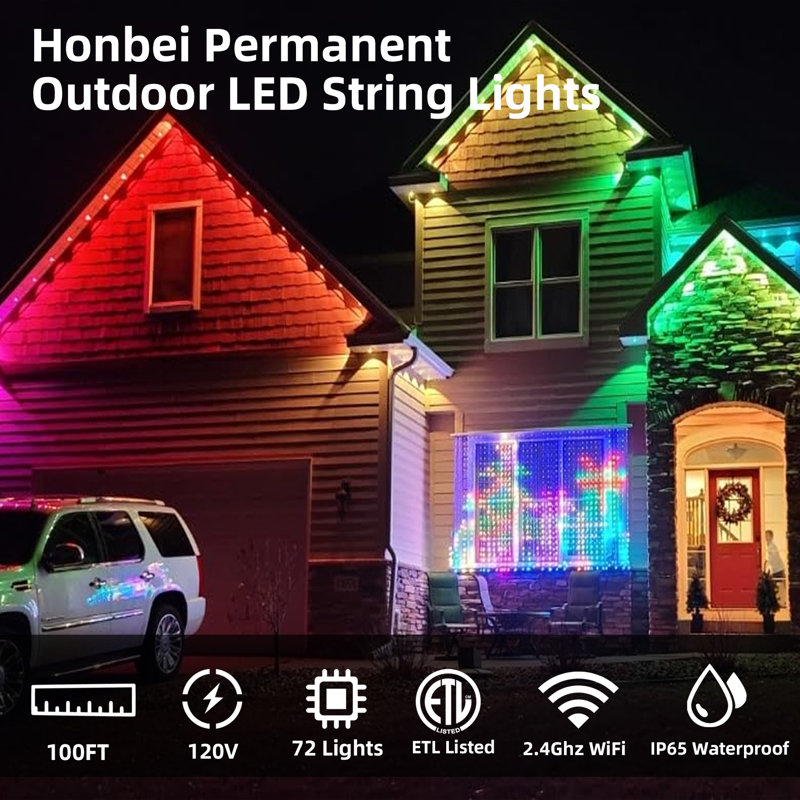 Smart Permanent Outdoor Lights, 150ft with 108 LED RGB String Lights, IP67 Waterproof Eaves Light