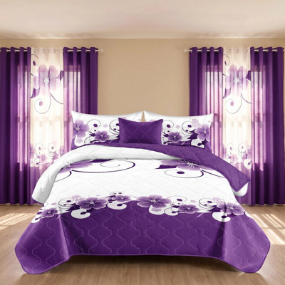 California King Size Comforter Set 9 Pieces, All Season Luxury Bed in a Bag for Bedroom, With Matching Curtains, Soft Microfiber, Purple Gardenia Flower