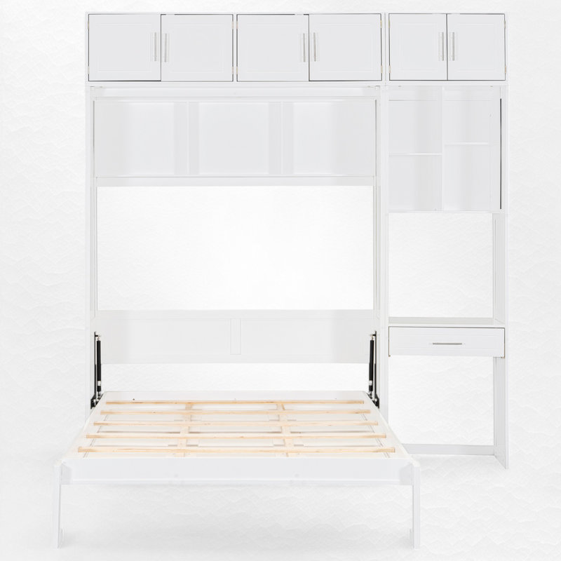 Lit escamotable avec bureau intégré et rangement, Double , Blanc
