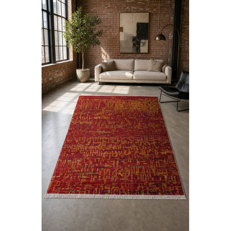 Hand-knotted SARI-SILK Red Contemporary Abstract Anand Rug