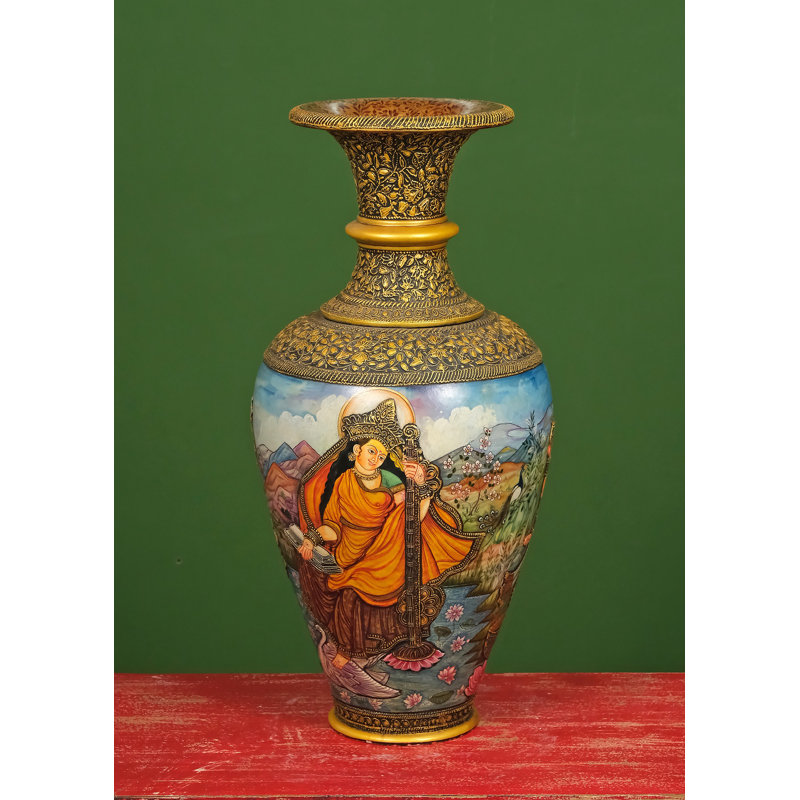 Vase en marbre de 27 po avec impression Ganesha, Lakshmi et Saraswati - motif floral artistique fait à la main, décor luxueux de bon augure pour le salon ou le temple