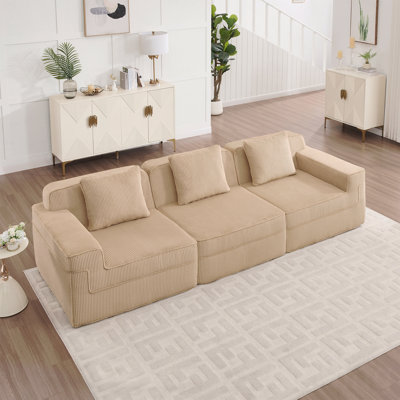 Canapé modulaire 3 places sans os, canapé modulaire Cloud avec assise très profonde, canapé modulaire 3 places avec coussins décoratifs en tissu de velours côtelé de style moderne