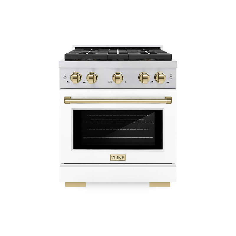 ZLINE Autograph Edition 30 in. 4.2 cu. ft. Paramount Gas Range W/ 4 Burner DuoPro Cooktop and Convection Gas Oven in Stainless Steel W/ White Matte Door and Champagne Bronze Accents