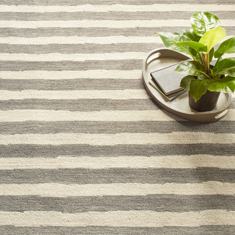 Silas Stripe Grey Hand Micro Hooked Wool Rug, Rectangle 7'6" x 9'6"