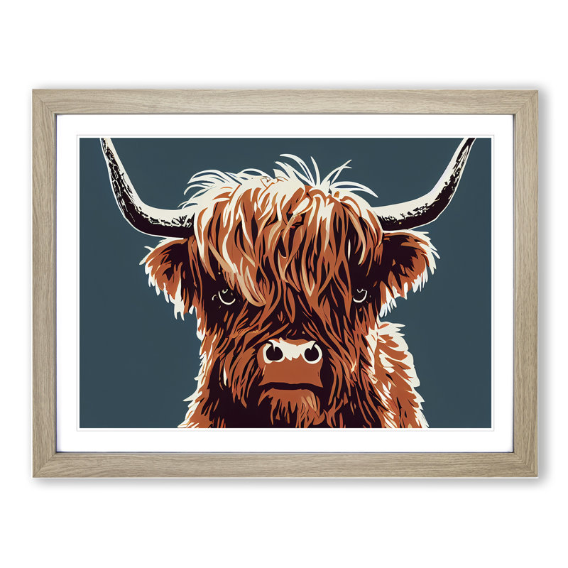 Groovy Highland Cow - Single Picture Frame Print, 25cm H x 34cm W x 2cm D, Oak Framed