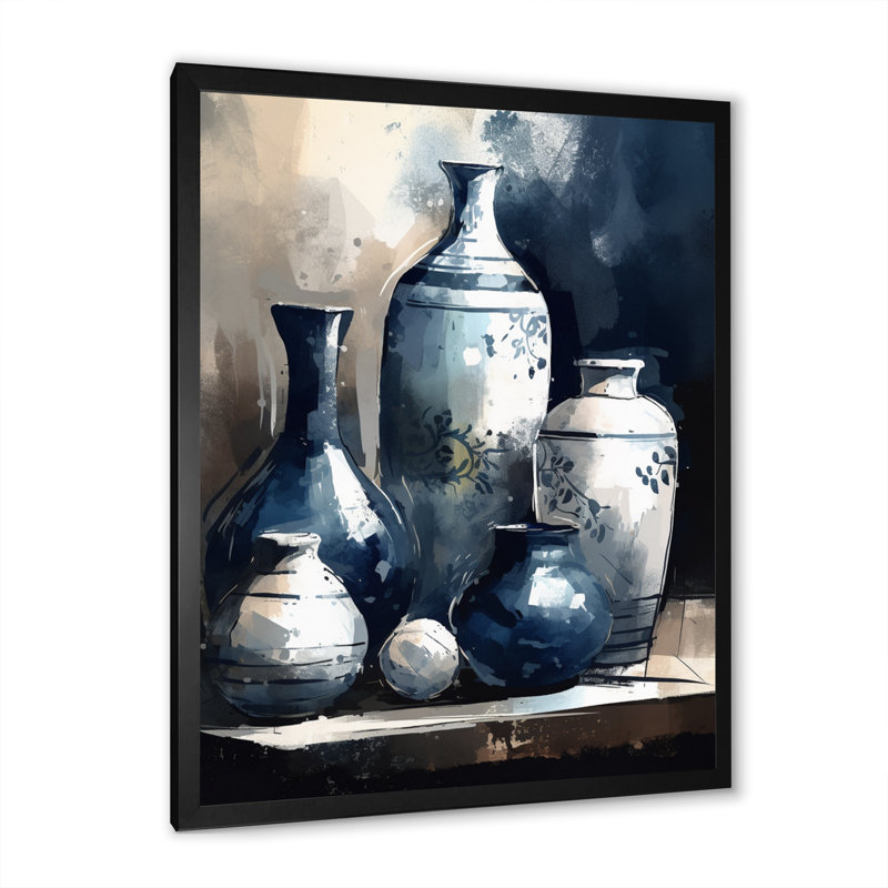 «Kapria Blue and Cream Bohemian Vibes Pottery V», reproduction sur toile, Cadre photo noir, H 20 po x l 12 po x P 1 po