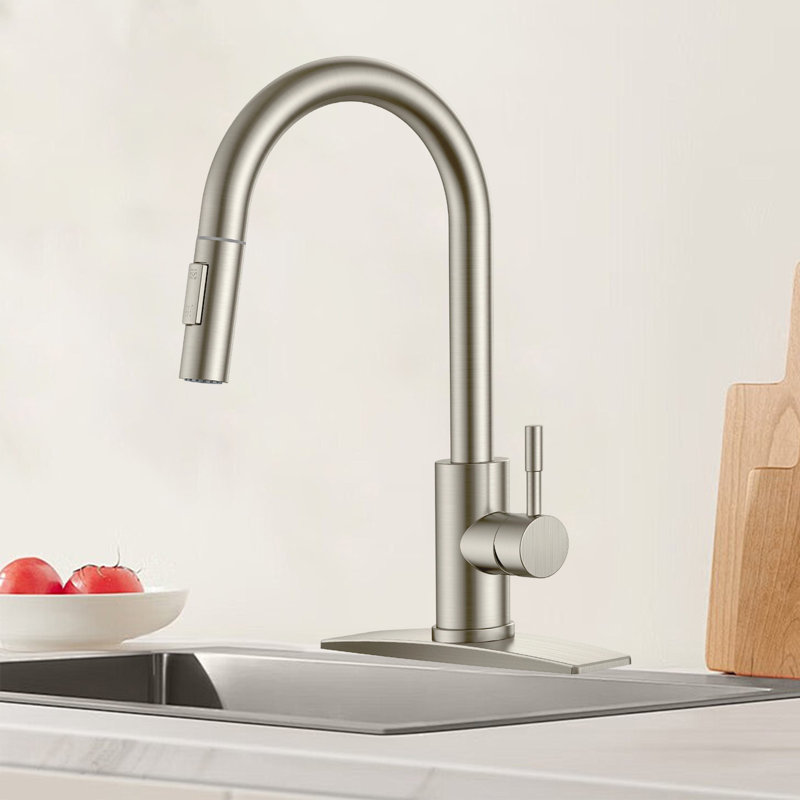 Stainless Steel Kitchen Faucet With Pull-Down Sprayer, High Arc Modern Classic Faucet With Deck, Suitable For 1 Or 3 Holes