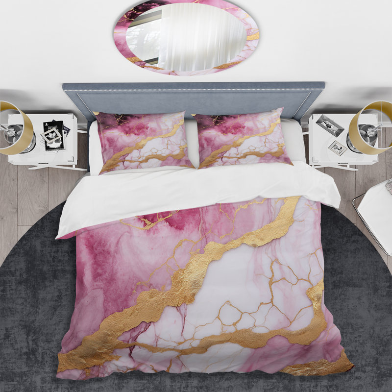 Ensemble de housse de couette en marbre rose et doré Essence III - Abstract, Housse de couette pour très grand lit et 2 très 