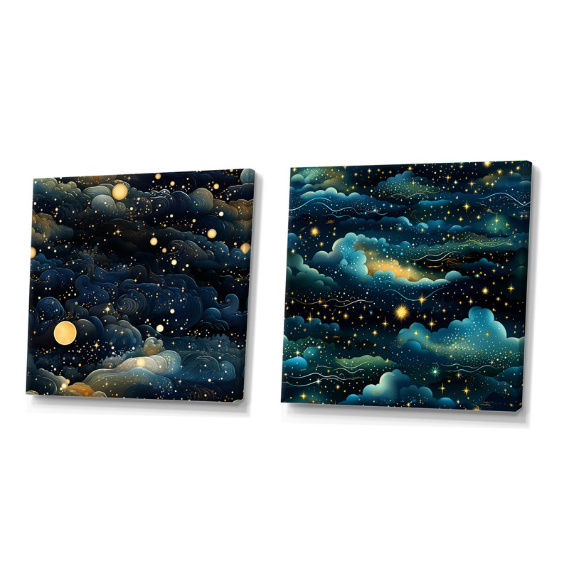 Midnight Indigo Galatic - ensemble de 2 collages carrés abstraits, H 36 po x l 73 po, Toile tendue
