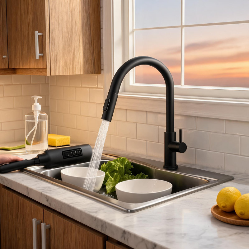 Robinet de cuisine en acier inoxydable noir mat avec douchette rétractable et buse pivotante à grande arche