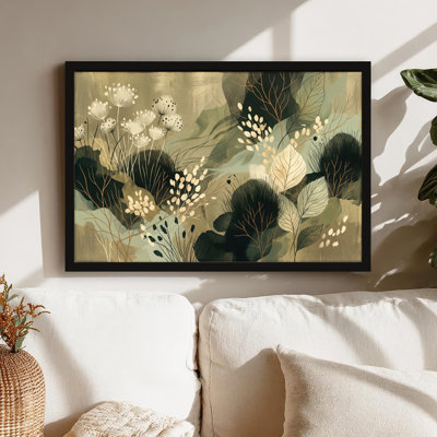 Art mural sur toile noir encadré pour le salon, la chambre à coucher, le bureau ou le vestibule - décoration murale décorative avec abstrait botanique