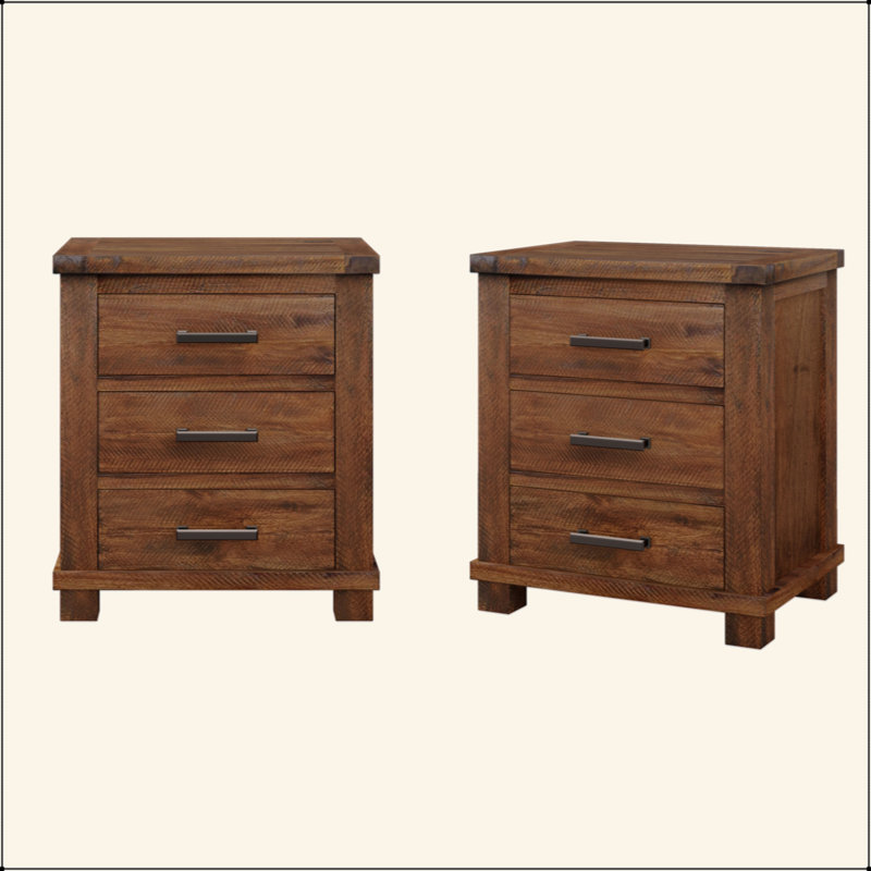 Ensemble de table de chevet rustique en bois massif récupéré à trois tiroirs Rustic
