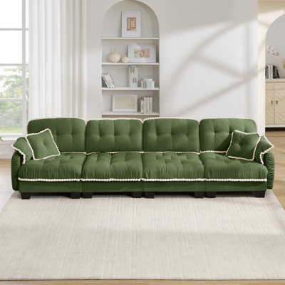 Chenille Cloud 4-Seater Sofa with 4 Pillows, Pom-Pom Trim Quilted Tufted Cushion Ergonomic Design, Easy Assembly Deep Seat Couch for Living Room Office, Apartment, Green
