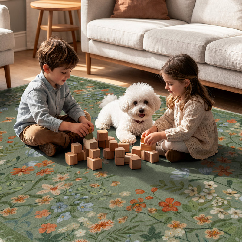 Tapis lavable floral vert / gris 6 x 9 avec envers antidérapant - tapis durable à poils courts pour le salon, la chambre à coucher, la salle à manger ou le bureau