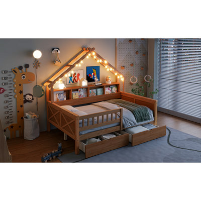 Full Size Wood House Platform Bed With Led, Drawers And Shelves For Extra Storage, Guardrail, Natural Color - Attractive Bedroom Furniture Of Storage Drawers, Guardrail A Whimsical Addition To ' Room