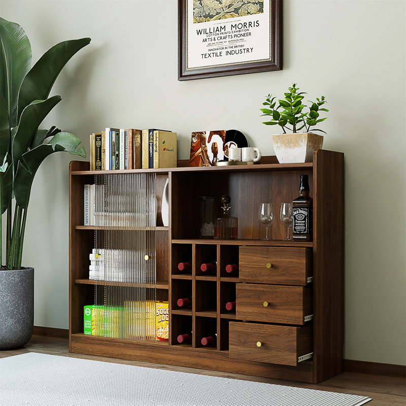 Buffet avec 2 portes coulissantes en verre rayé, armoire de rangement autoportante pour les bouteilles, le vin, etc.