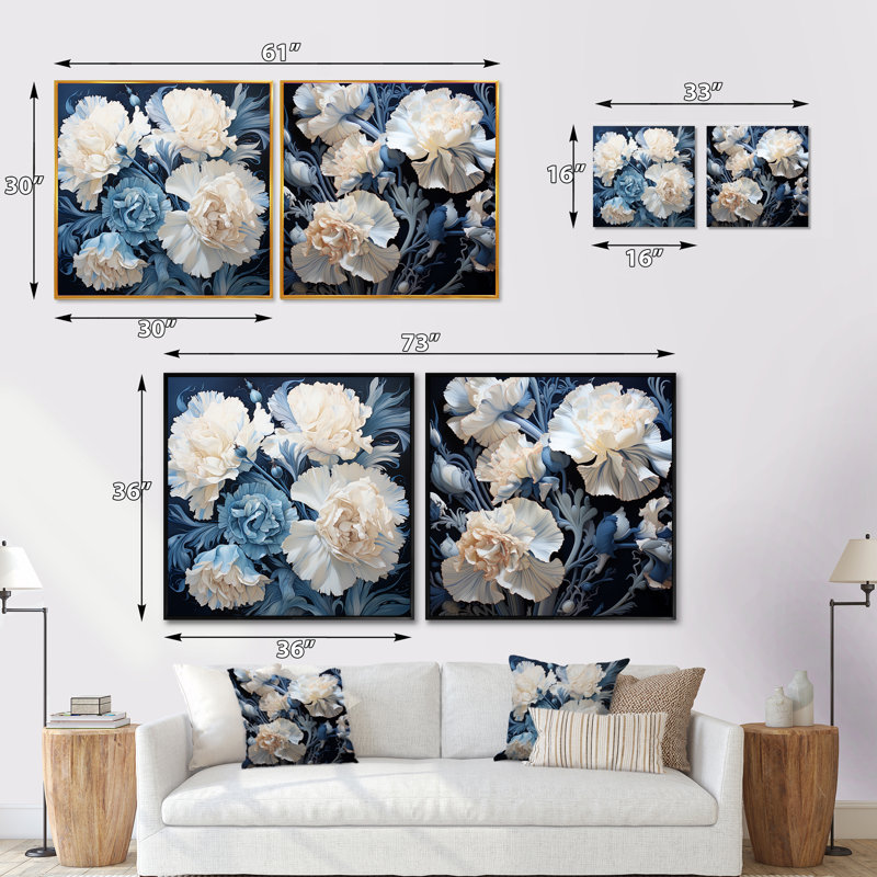 Arrangement d'œillets blanc et bleu - ensemble de 2 œillets carrés, Cadre flottant blanc, H 36 po x l 73 po