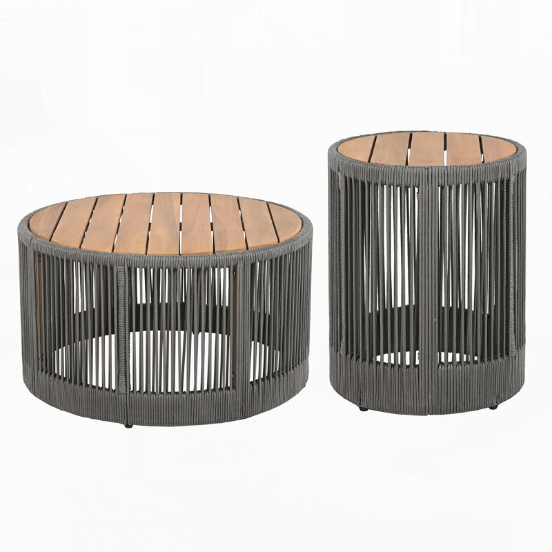 Coffee Table and Side Table Set of 2, Teak Top/Grey Base