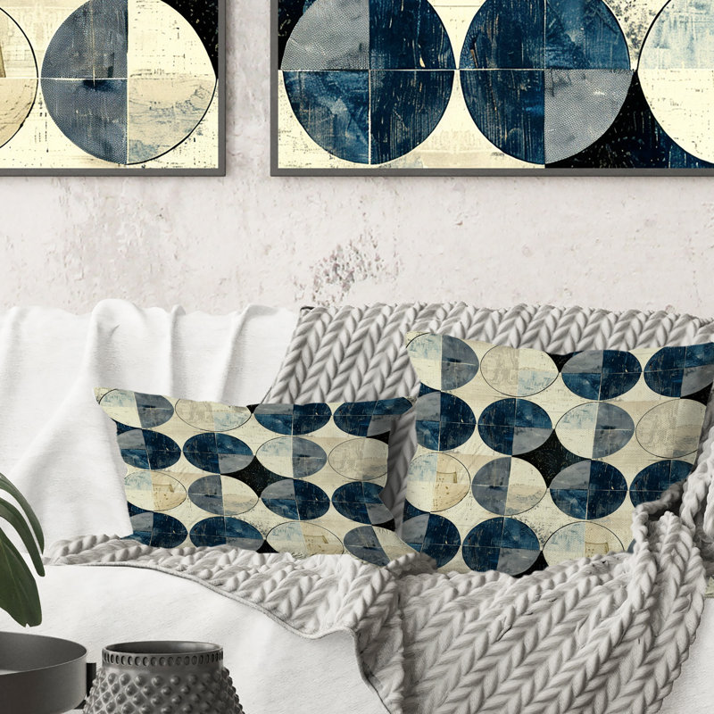 Blanc, noir, cercles de la géométrie Mid-Century - Coussin décoratif à géométrie Mid-Century, H 16 po x l 16 po