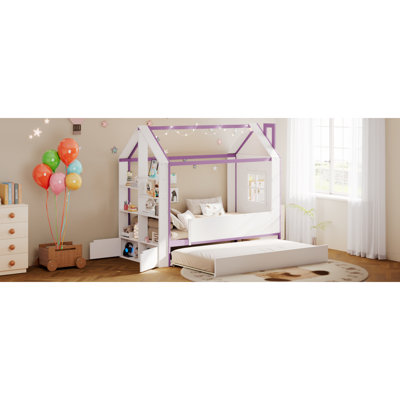Lits jumeaux avec lit gigogne de rangement, contreplaqué de pin en MDF, chambre violette moderne