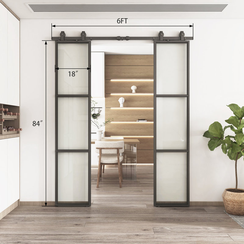 Metal and Tempered Glass Double Sliding Barn Door with Installation Hardware Kit, 2 Sets of Door, Clear