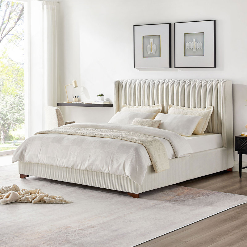 Modern Upholstered Platform Bed With Corduroy Wing Headboard, White, King