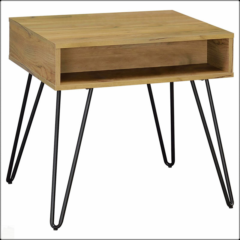 Table de bout carrée en chêne doré et noir avec rangement ouvert, alliant charme rustique et élégance moderne pour une utilisation polyvalente