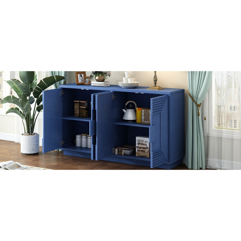 Buffet bleu marine avec tablettes réglables pour espaces fonctionnels, détails géométriques, détails décoratifs
