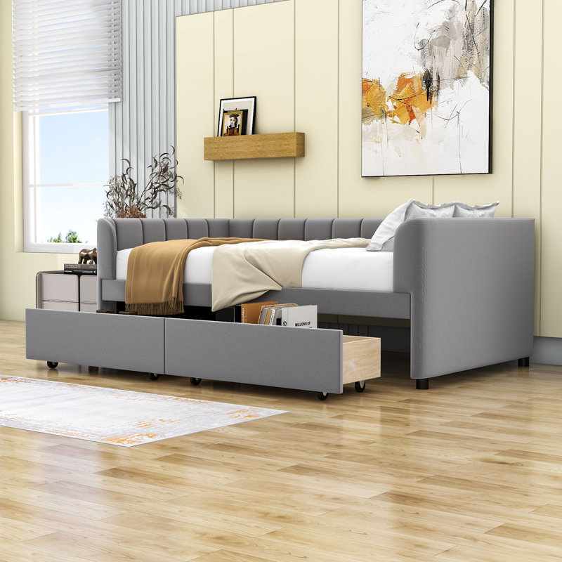 Twin Upholstered Daybed with Backrest and Drawers, Gray