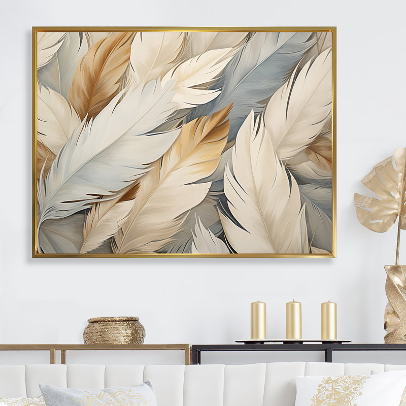 «Feathery Plumes II - Feathers», reproduction d'art sur toile encadrée, Cadre flottant doré, H 34 po x l 44 po x P 1,5 po