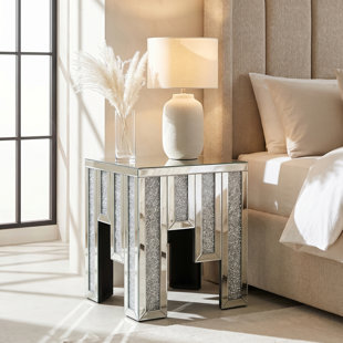 Mirrored End Table, Sturdy Crushed Diamond Side Table, Luxury Bling Crystal Nightstand, Fully Assembled Drop-Tested Packaging for Living Room, Bedroom, Entryway