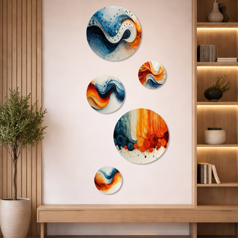 Fugue abstraite blanche et bleue en couleur II - ensemble d'art mural en métal à spirales abstraites 5 pièces