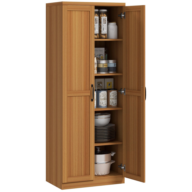 Buzia 63" 2-Door Kitchen Pantry, Freestanding Storage Cabinet with 5-tier Shelving and 2 Adjustable Shelves,wood, Teak