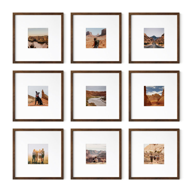 Cadre photo - ensemble de 9, Noyer, 4 po x 4 po, 8 po x 8 po