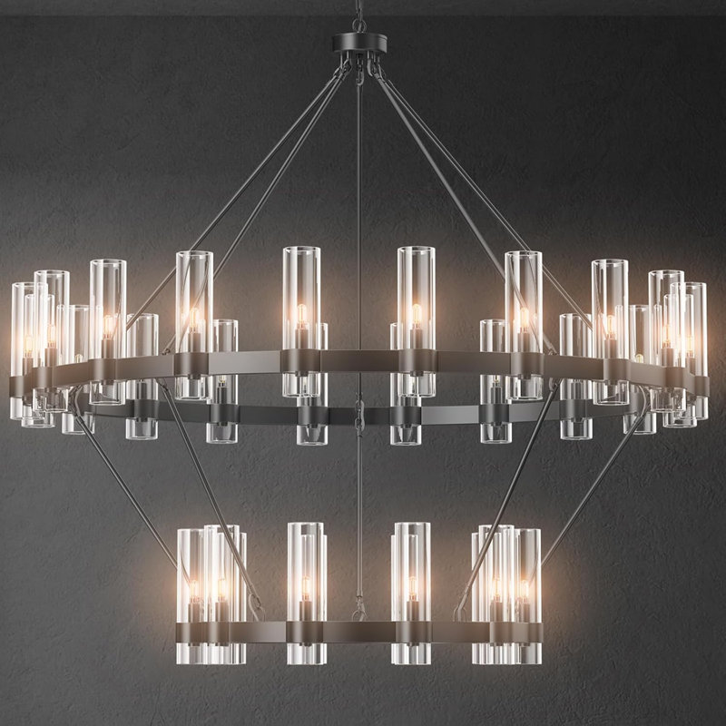 30-Lights Modern Double-Layer Wagon Wheel Chandelier With Glass Shade, Matte Black