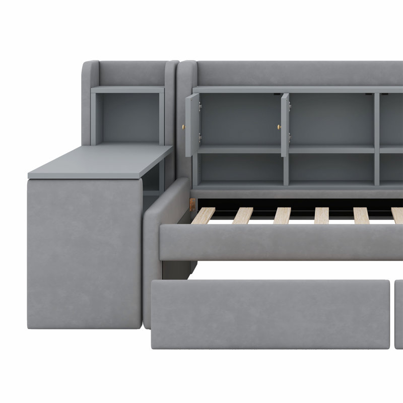 Lit de jour rembourré avec tiroirs, tablettes, armoires rabattables et table d'appoint, Gris